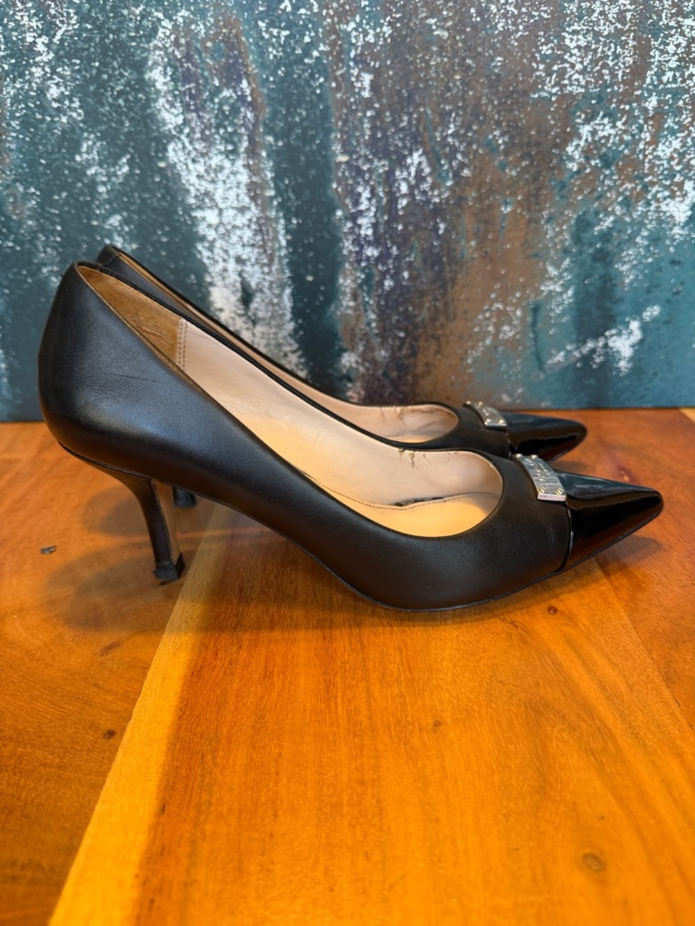 Coach Black Pointed Toe Leather Pumps with Silver Logo Plate - Picture 3 of 14